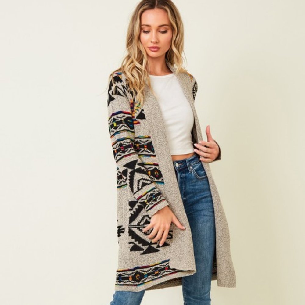 new ON BLUE SWEATER CARDIGAN WRAP boho western AZTEC TRIBAL TAUPE jacquard SM-3X - Picture 5 of 9